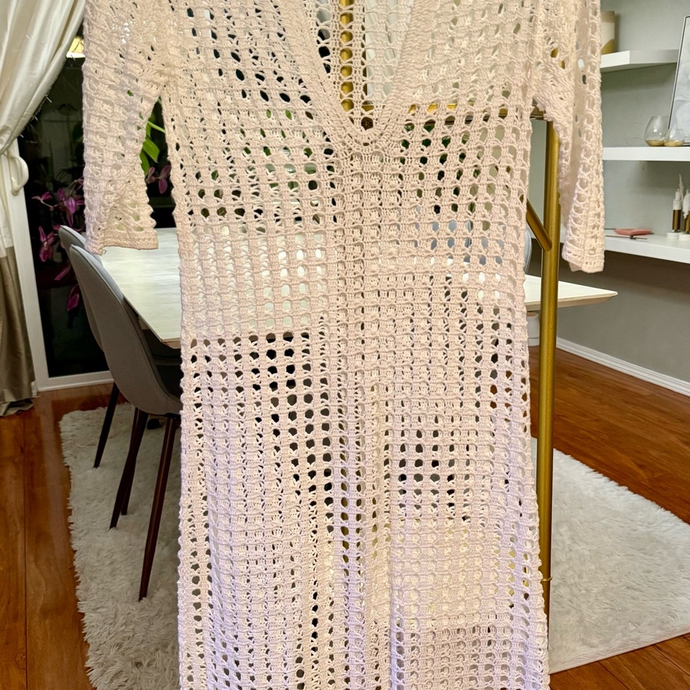 Theory Cream Crochet Knit Med Length Sleeve Midi Dress